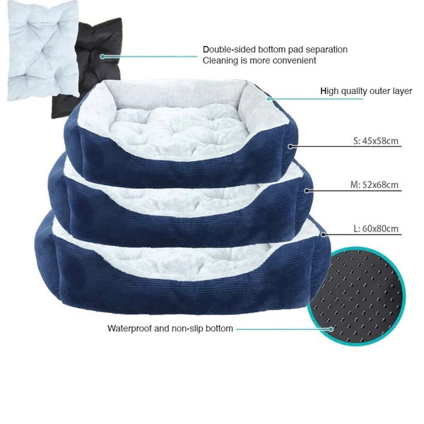 Blue Corduroy Square Soft Dog Puppy Pads Bed with Fleece Cushion