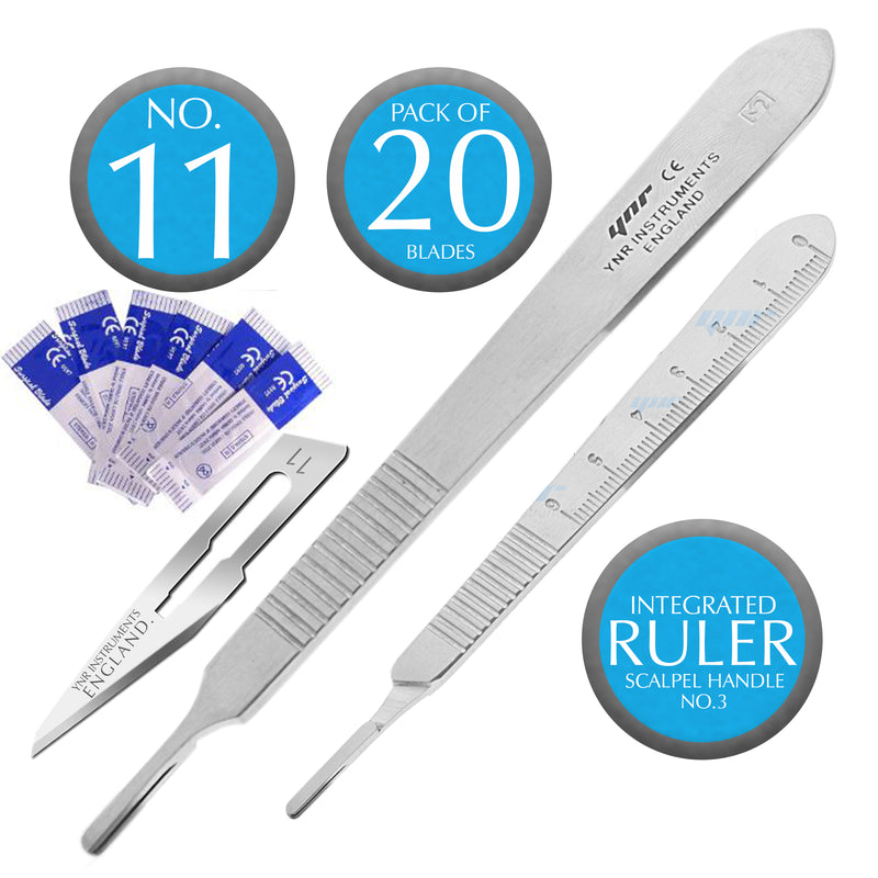 YNR Instruments England Scalpel Handle No.3 Stainless Steel with 0–6cm Ruler + 20x No.11 Blades – Surgical & Craft Precision Knife Set
