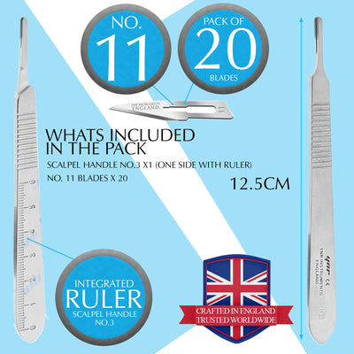 YNR Instruments England Scalpel Handle No.3 Stainless Steel with 0–6cm Ruler + 20x No.11 Blades – Surgical & Craft Precision Knife Set