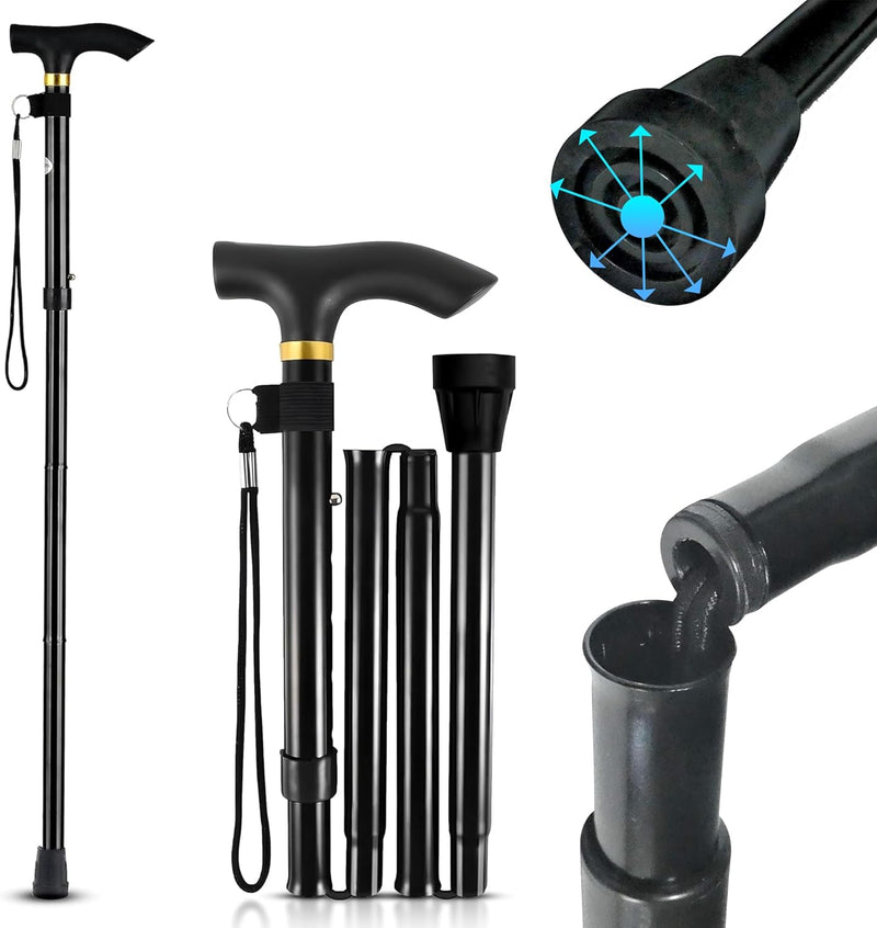 YNR Adjustable Folding Walking Stick - Foldable Cane with Pivot Tip for Men & Women, Lightweight, 5-Level Height, 120kg Support, Ergo Grip, Collapsible Mobility Aid | 0.5kg (Black)