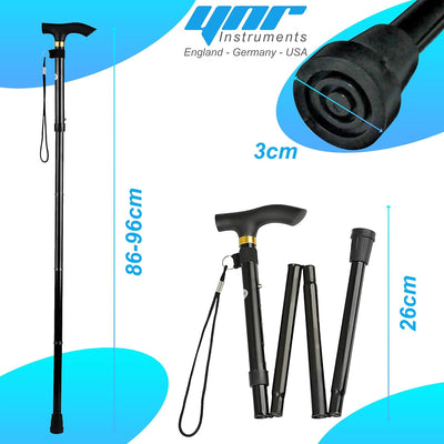 YNR Adjustable Folding Walking Stick - Foldable Cane with Pivot Tip for Men & Women, Lightweight, 5-Level Height, 120kg Support, Ergo Grip, Collapsible Mobility Aid | 0.5kg (Black)