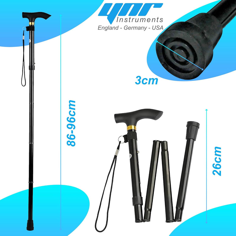 YNR Adjustable Folding Walking Stick - Foldable Cane with Pivot Tip for Men & Women, Lightweight, 5-Level Height, 120kg Support, Ergo Grip, Collapsible Mobility Aid | 0.5kg (Black)