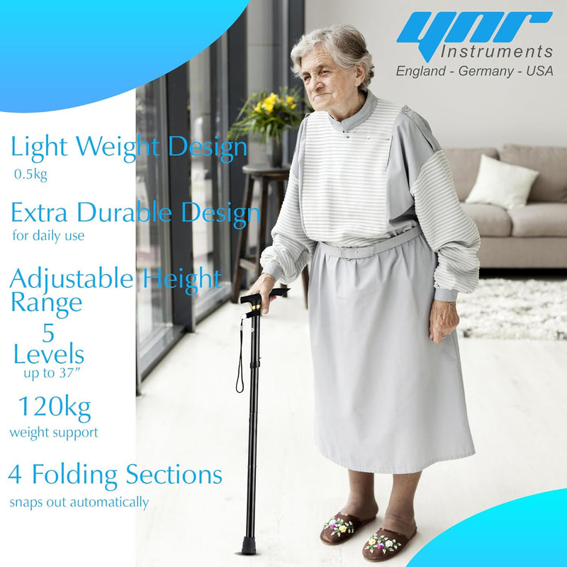 YNR Adjustable Folding Walking Stick - Foldable Cane with Pivot Tip for Men & Women, Lightweight, 5-Level Height, 120kg Support, Ergo Grip, Collapsible Mobility Aid | 0.5kg (Black)