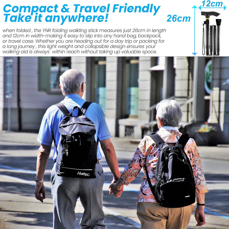 YNR Adjustable Folding Walking Stick - Foldable Cane with Pivot Tip for Men & Women, Lightweight, 5-Level Height, 120kg Support, Ergo Grip, Collapsible Mobility Aid | 0.5kg (Black)