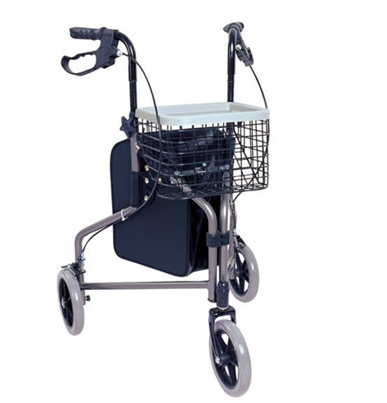 3 Wheel Rollator Walking Aid with Basket & Tray Cable Brakes