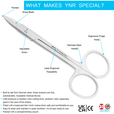 YNR England Premier Toe Nail Scissors Clippers Podiatry Chiropody Stainless Steel