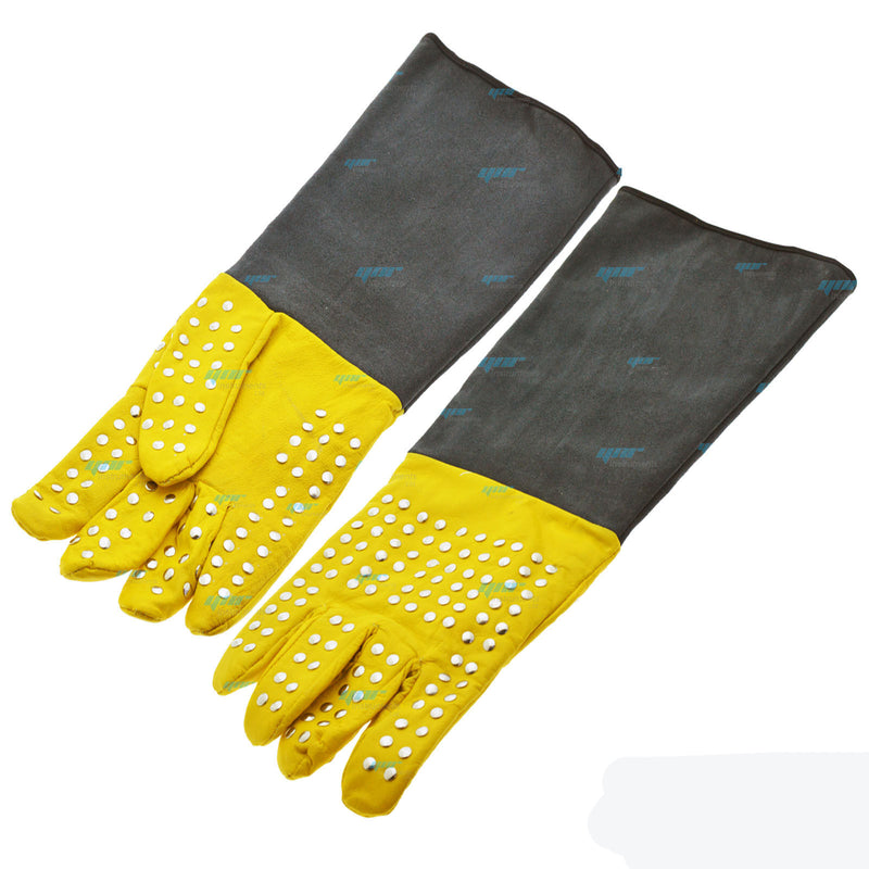 YNR Snake Catcher Gloves Yellow Black With Studs Heavy Duty Reptile Lizards Leather Gloves 17"