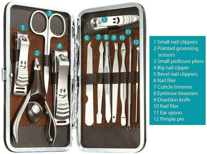 12 Piece Manicure Pedicure Nail Care Set Cutter Clippers Kit Case Mens Ladies