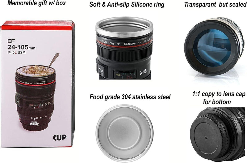 Camera Lens Mug Coffee Tea Stainless Steel Travel Cup Thermos Flask Sipping Lid
