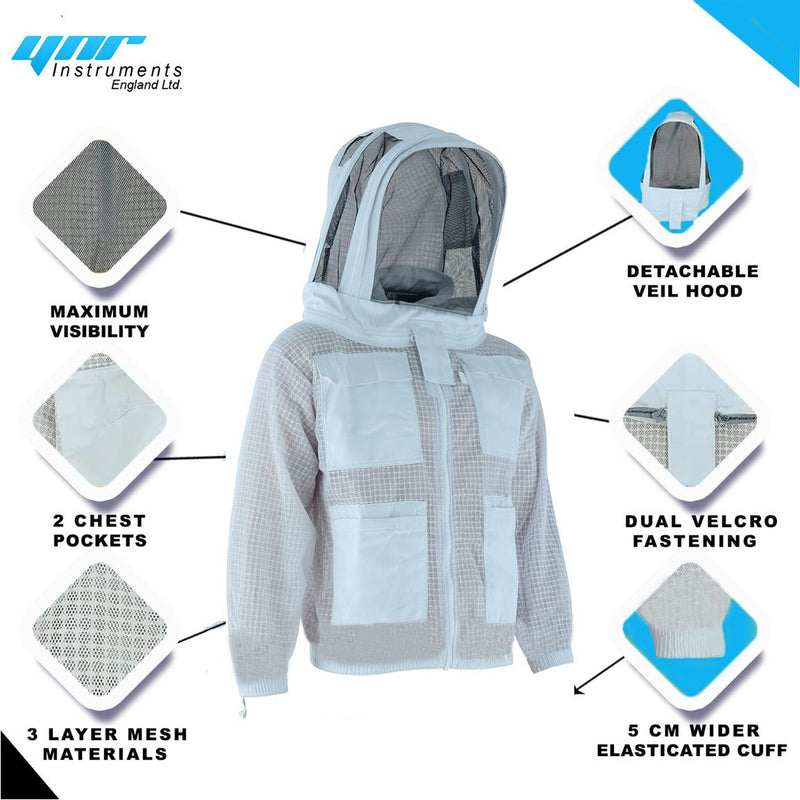 YNR BEEKEEPING Three Layer Ultra Ventilated Beekeeping Jacket for Men and Women with Fencing Veil, Professional Sting Proof Beekeeper Hoodie, Premium White Fabric Polycotton Bee Jacket (Medium)