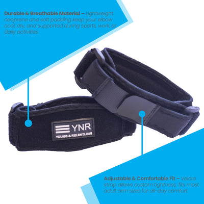 YNR Young & Relentless Elbow Brace 2 Pack - Adjustable Support for Tennis & Golfer's Elbow Pain Relief, Forearm Compression Strap for Sports, Work, & Daily Use