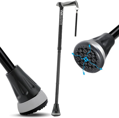 YNR Adjustable Folding Walking Stick - Walking Sticks for Women & Men Shock Absorbing Base, Ergo Grip, Lightweight, Collapsible Mobility Aid, Foldable Cane with Pivot Tip | (Black)