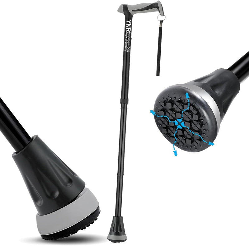 YNR Adjustable Folding Walking Stick - Walking Sticks for Women & Men Shock Absorbing Base, Ergo Grip, Lightweight, Collapsible Mobility Aid, Foldable Cane with Pivot Tip | (Black)