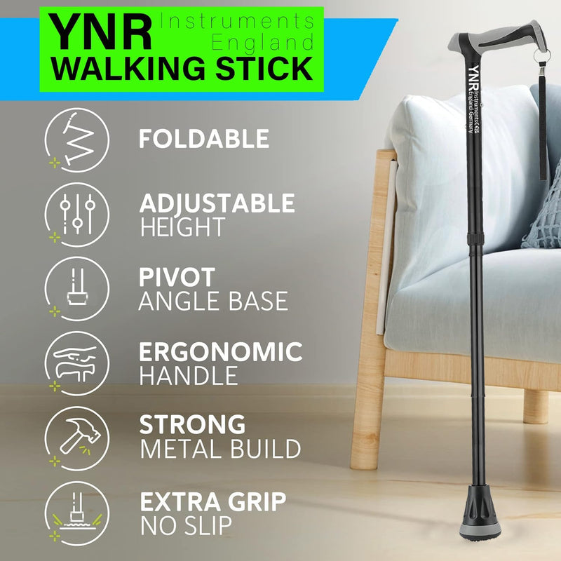 YNR Adjustable Folding Walking Stick - Walking Sticks for Women & Men Shock Absorbing Base, Ergo Grip, Lightweight, Collapsible Mobility Aid, Foldable Cane with Pivot Tip | (Black)