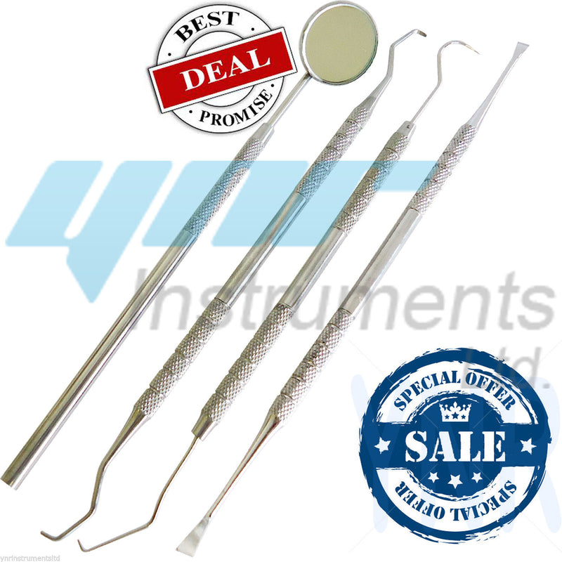 Professional DENTAL 4 PIECE SCALERS Probe Pick SET + Mouth Mirror STEEL Tool KIT