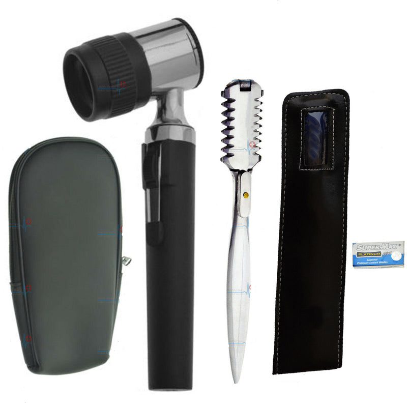 LED Fiber Optic Mini Dermatoscope + Skin Hair remover thinning Blade Dermatology