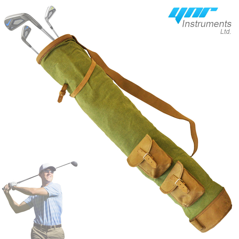 Tan Cowhide Leather Canvas Golf Club Ball Bag Two Pockets H-34inch D-5.5inch NEW