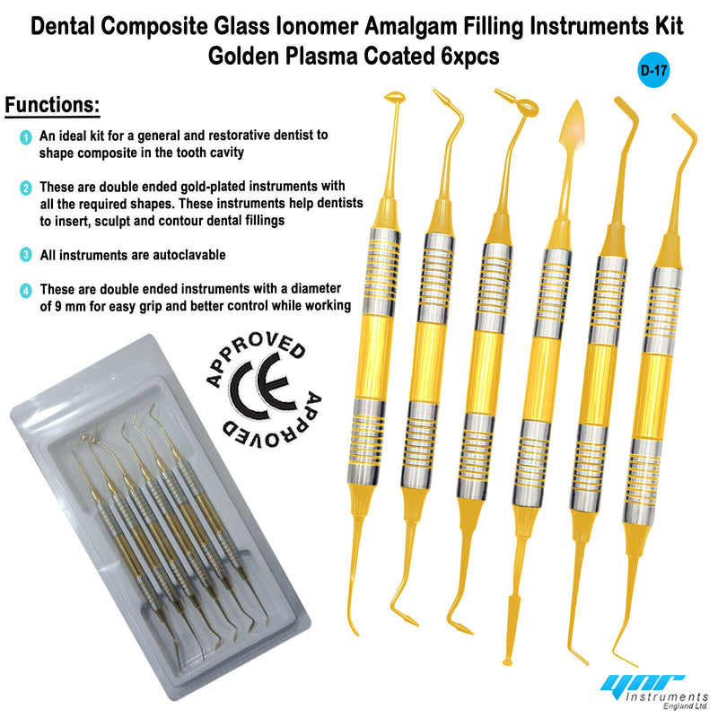 Composite Filling Instruments 6 PCS Dental Restorative Gold Titanium Coated CE