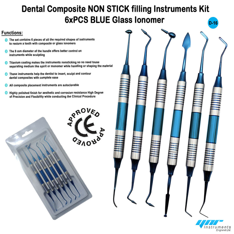 6 PCS Non stick Composite Placement Instruments Dental Restorative Filling Gold Titanium Coated Kit CE